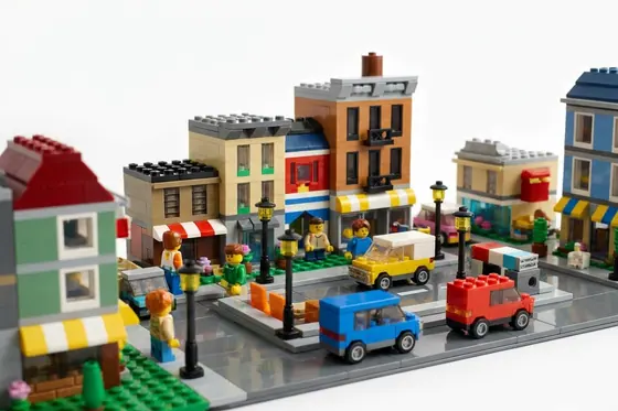 LEGO — A bustling city street built as an interlocking toy-brick diorama., kết quả Gemini.