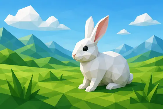 Low Poly — The white rabbit in the green field (Con thỏ trắng trên đồng cỏ xanh), kết quả ChatGPT.