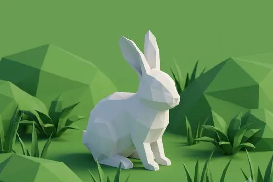 Low Poly — The white rabbit in the green field (Con thỏ trắng trên đồng cỏ xanh), kết quả Gemini.