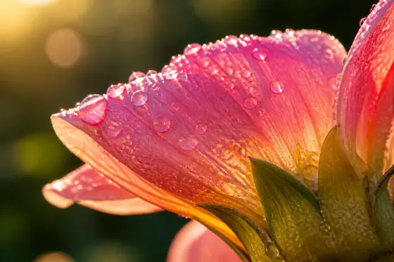 Macro Photography — A close-up of a dew-covered flower petal illuminated by sunlight., kết quả ChatGPT.