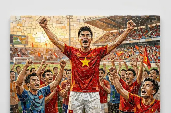 Mosaic — A Vietnamese football player is celebrating., kết quả Gemini.