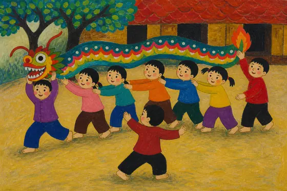 Naive Art — Vietnamese children playing the traditional Dragon Snake game in the yard., kết quả ChatGPT.