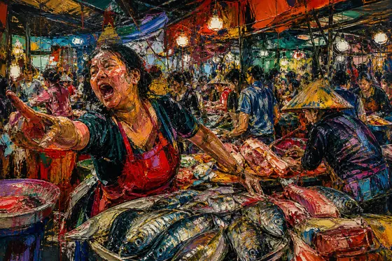Neo Expressionist — A chaotic painting of a wet market with intense colors., kết quả ChatGPT.