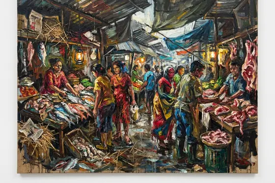 Neo Expressionist — A chaotic painting of a wet market with intense colors., kết quả Gemini.