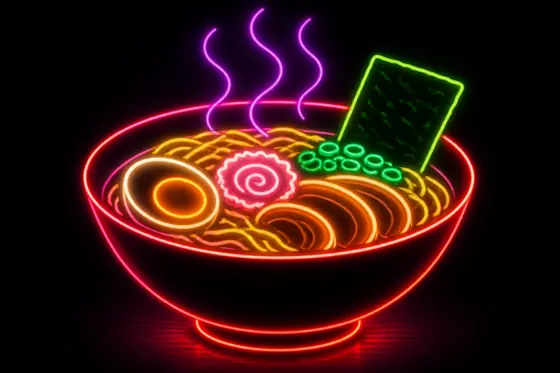 Neon-Line Drawing — A glowing outline of a steaming bowl of Ramen., kết quả ChatGPT.