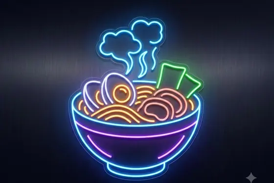 Neon-Line Drawing — A glowing outline of a steaming bowl of Ramen., kết quả Gemini.