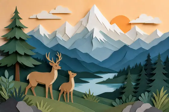 Paper Cut Craft — A layered landscape of mountains and deer. (Phong cảnh núi và hươu), kết quả ChatGPT.