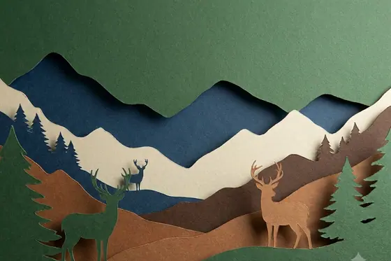 Paper Cut Craft — A layered landscape of mountains and deer. (Phong cảnh núi và hươu), kết quả Gemini.