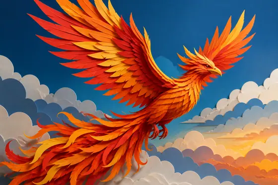Paper Sculpture — A fiery phoenix flying in the sky (một con chim phượng hoàng lửa bay trên bầu trời), kết quả ChatGPT.