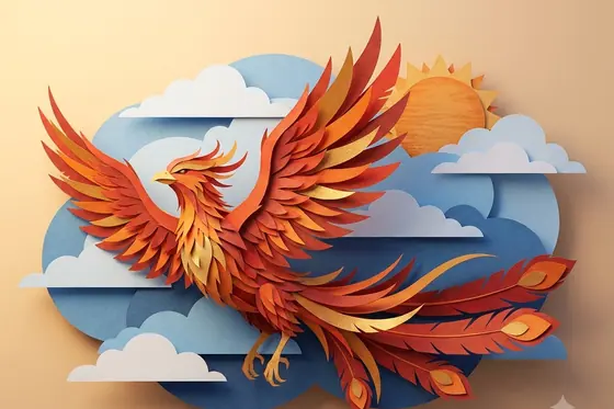 Paper Sculpture — A fiery phoenix flying in the sky (một con chim phượng hoàng lửa bay trên bầu trời), kết quả Gemini.
