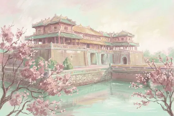Pastel — A dreamy scene of Hue Imperial City with soft pink and mint colors., kết quả Gemini.