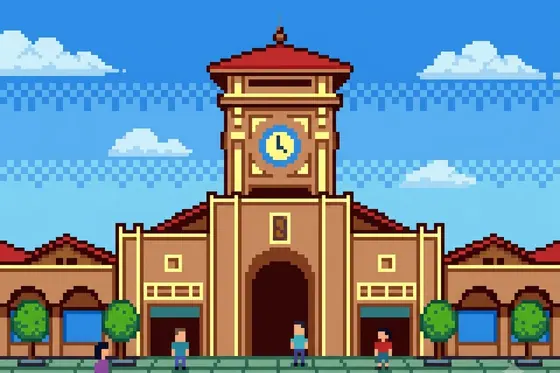 Pixel Art — Ben Thanh Market facade in 8-bit retro game style., kết quả Gemini.
