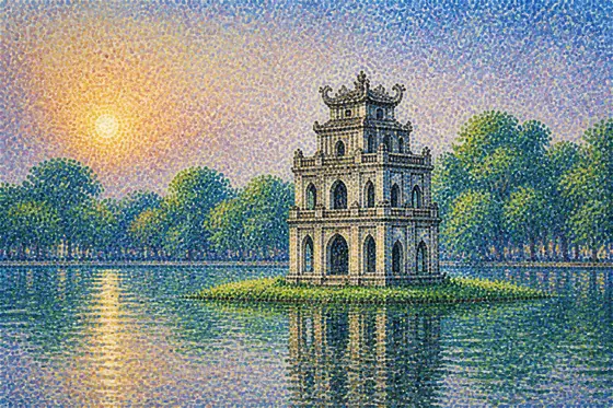 Pointillism — Turtle Tower in Hoan Kiem Lake made of thousands of dots., kết quả ChatGPT.