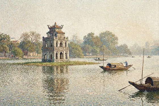 Pointillism — Turtle Tower in Hoan Kiem Lake made of thousands of dots., kết quả Gemini.