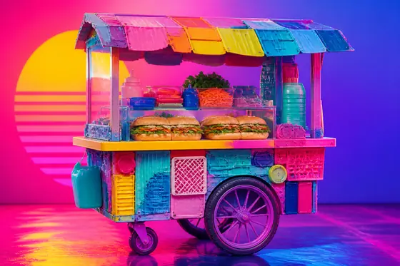Pop Art + Vaporwave + Assemblage Art — A Banh Mi cart made of colorful plastic scraps and neon gradients., kết quả ChatGPT.