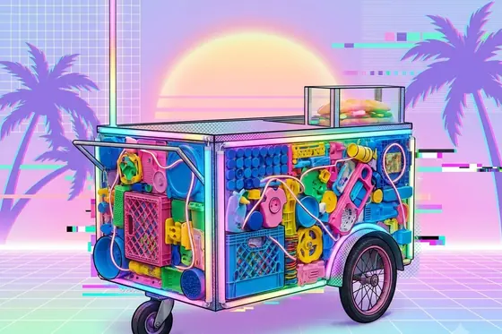 Pop Art + Vaporwave + Assemblage Art — A Banh Mi cart made of colorful plastic scraps and neon gradients., kết quả Gemini.