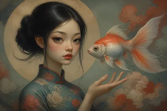 Pop Surrealism — A young adult Vietnamese woman with big eyes holding a floating fish., kết quả ChatGPT.