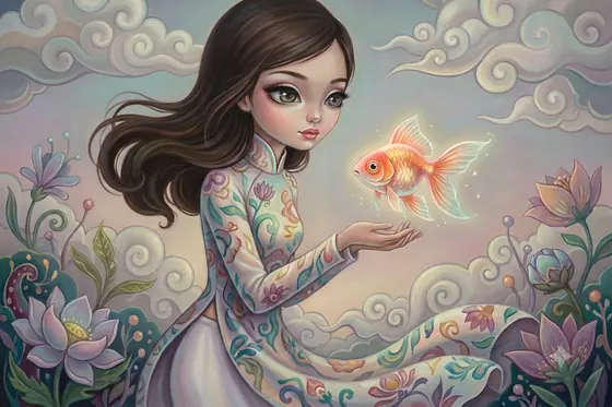 Pop Surrealism — A young adult Vietnamese woman with big eyes holding a floating fish., kết quả Gemini.