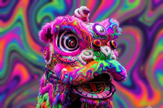 Psychedelic — A traditional Lion Dance head with swirling, melting colors., kết quả Gemini.
