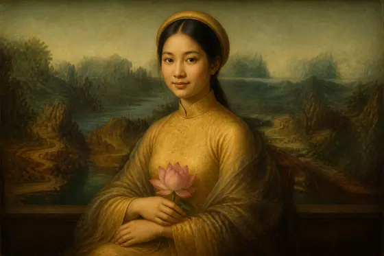 Renaissance — A young adult Vietnamese woman in Ao Dai holding a lotus flower, posing like Mona Lisa., kết quả ChatGPT.
