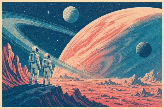 Risograph — A vintage space travel poster. (Áp phích du lịch không gian mang phong cách in ấn cổ điển.), kết quả ChatGPT.
