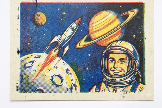 Risograph — A vintage space travel poster. (Áp phích du lịch không gian mang phong cách in ấn cổ điển.), kết quả Gemini.