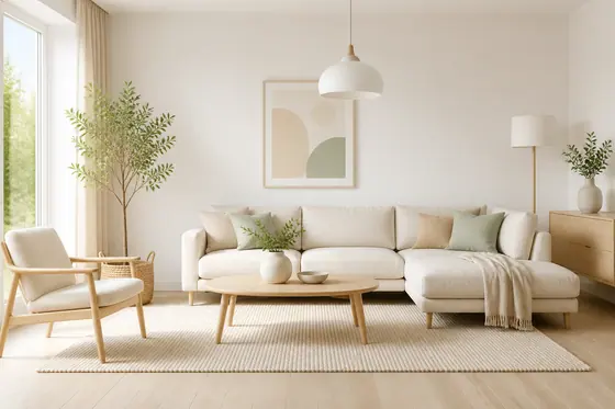 Scandinavian — A minimalist living room with bright colors. (Phòng khách tối giản với tông màu sáng.), kết quả ChatGPT.