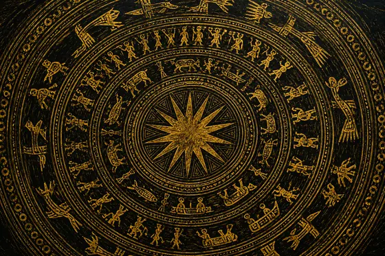 Sgraffito Art — A Dong Son drum pattern scratched into black and gold layers., kết quả ChatGPT.