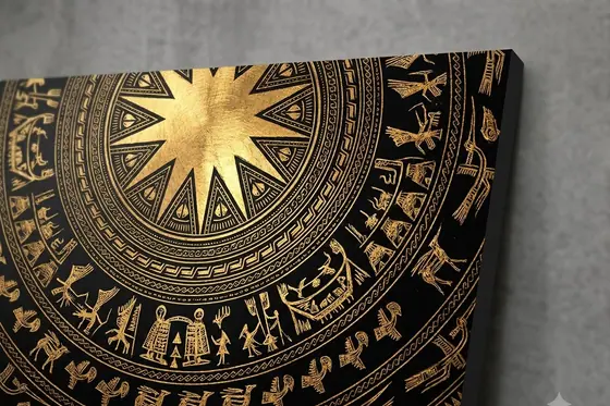 Sgraffito Art — A Dong Son drum pattern scratched into black and gold layers., kết quả Gemini.