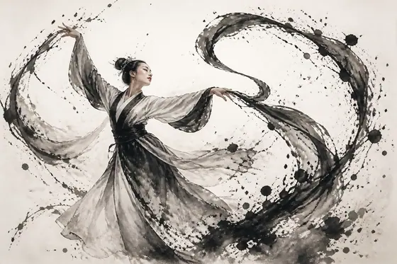 Splash Ink — A traditional dancer with long ribbons formed by ink splashes., kết quả ChatGPT.