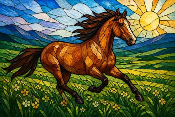 Stained Glass — A horse is running in the meadow (một con ngựa đang chạy trên đồng cỏ), kết quả ChatGPT.