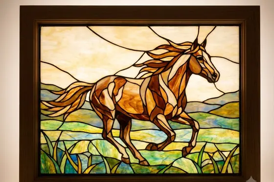 Stained Glass — A horse is running in the meadow (một con ngựa đang chạy trên đồng cỏ), kết quả Gemini.