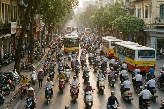 Street Photography — Busy traffic in Hanoi during rush hour. Giao thông Hà Nội đông đúc giờ cao điểm.), kết quả Gemini.