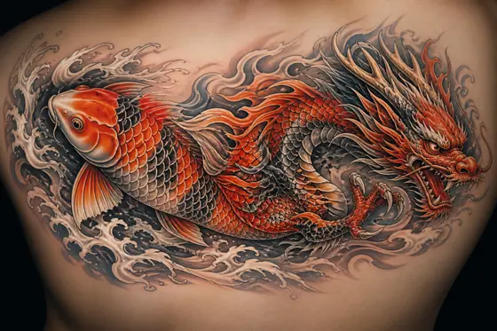 Tattoo Painting — A design of a Carp turning into a Dragon on skin texture., kết quả ChatGPT.