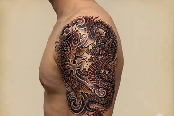 Tattoo Painting — A design of a Carp turning into a Dragon on skin texture., kết quả Gemini.