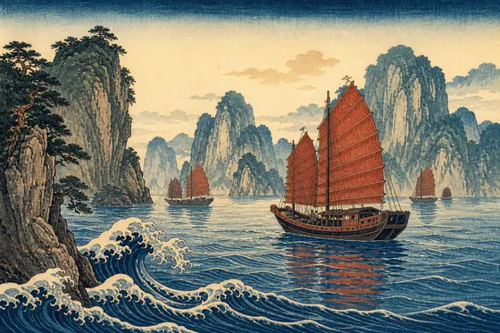Ukiyo-E — Ha Long Bay with junk boats and stylized waves., kết quả ChatGPT.