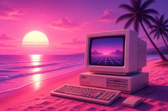 Vaporwave — A retro computer on a pink beach., kết quả ChatGPT.