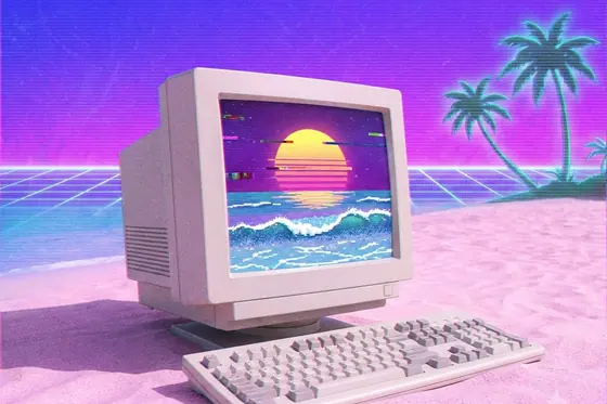 Vaporwave — A retro computer on a pink beach., kết quả Gemini.