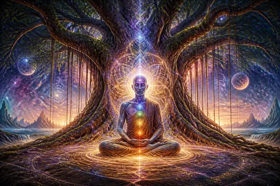 Visionary Art — A meditation scene under a Banyan tree with cosmic energy radiating., kết quả ChatGPT.