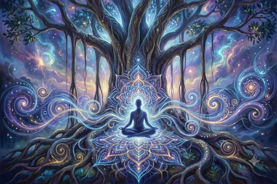 Visionary Art — A meditation scene under a Banyan tree with cosmic energy radiating., kết quả Gemini.