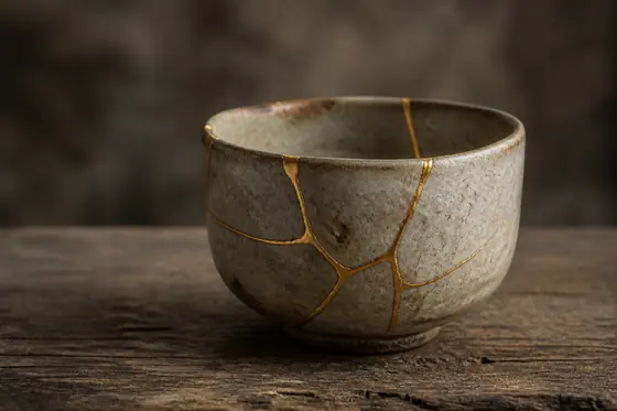 Wabi-Sabi — A broken tea cup mended with gold lacquer., kết quả ChatGPT.