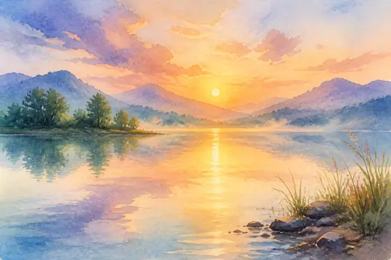 Watercolor — A soft landscape of a lake at sunrise (Phong cảnh hồ nước êm đềm lúc bình minh.), kết quả ChatGPT.
