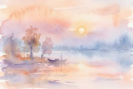 Watercolor — A soft landscape of a lake at sunrise (Phong cảnh hồ nước êm đềm lúc bình minh.), kết quả Gemini.