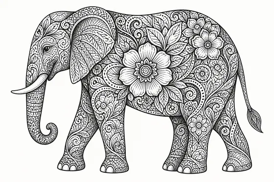 Zentangle — An elephant silhouette filled with intricate floral patterns., kết quả ChatGPT.